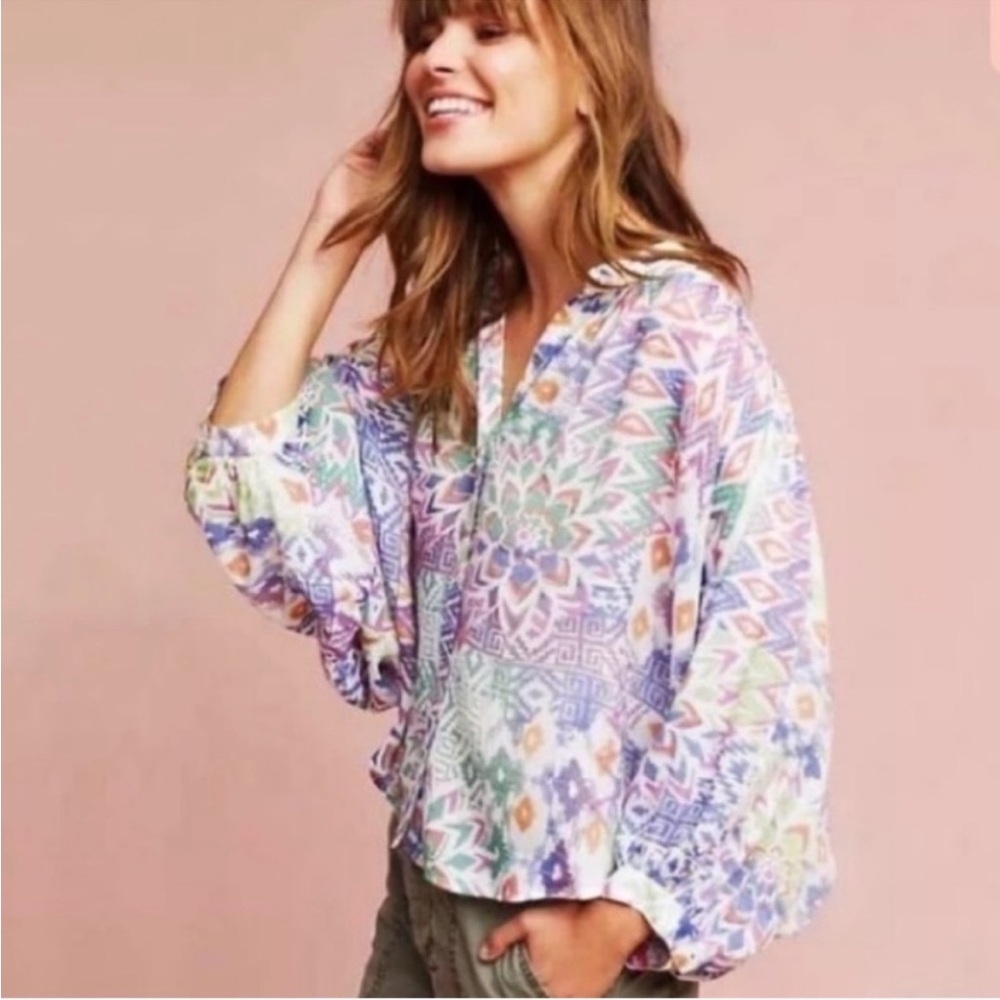Maeve Pastel Multi-Color Mosaic Print Blouse
